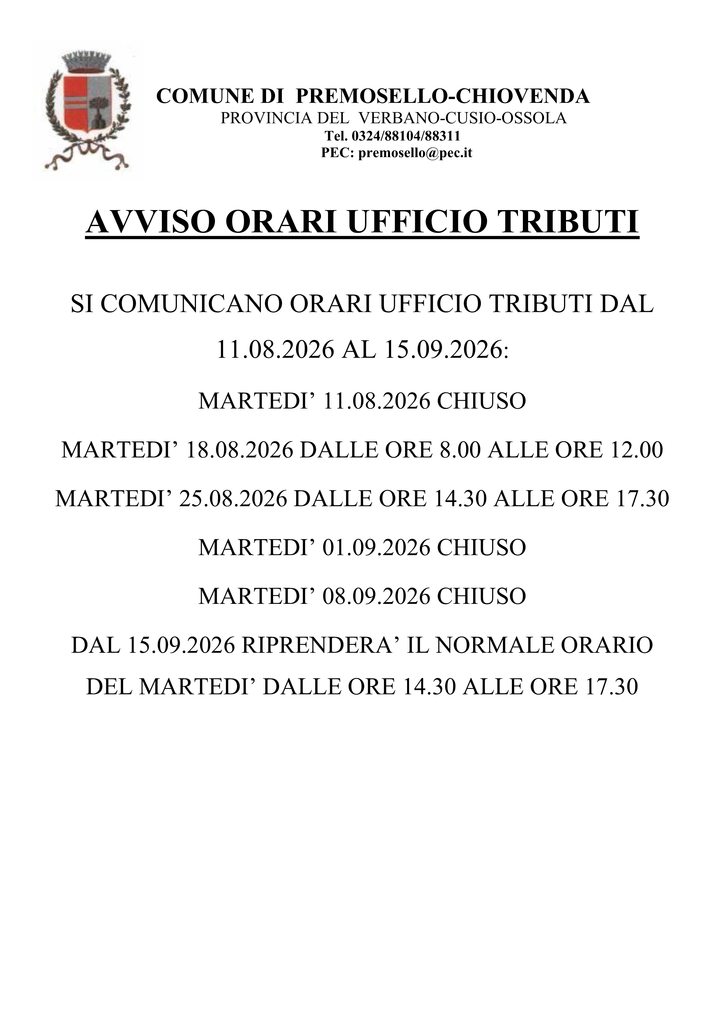 Orario ufficio tributi dal 11.08.2026 al 15.09.2026